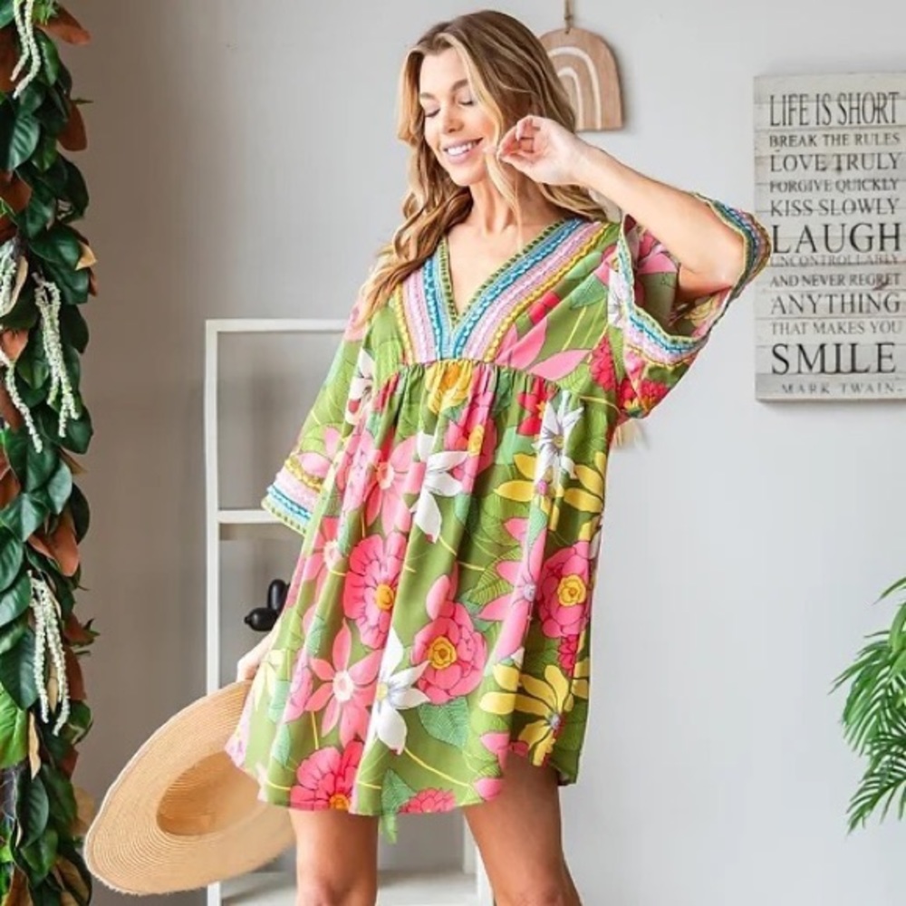 Olive green Vintage Big Floral Embroidered boho chic Neckline Dress - Picture 6 of 7
